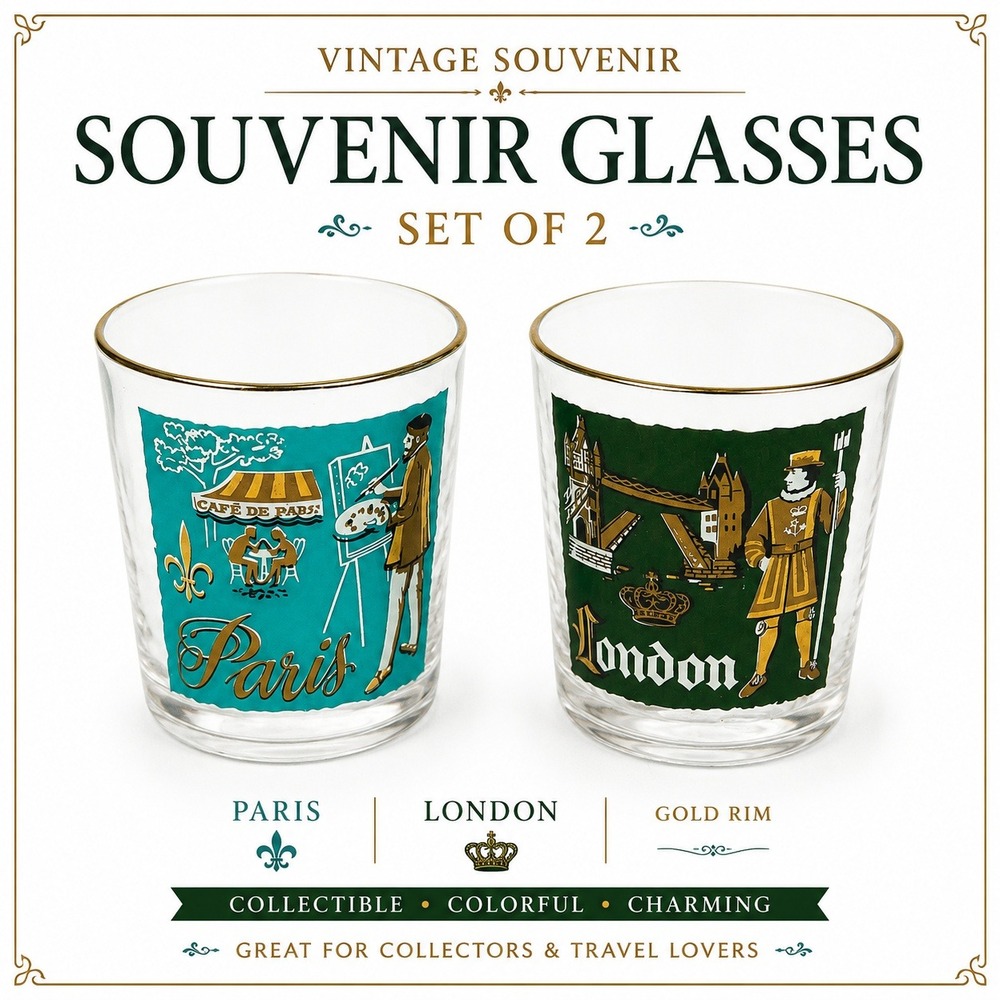 Vintage Souvenir Juice Glasses Paris London Mid Century Gold Rim Set of 2